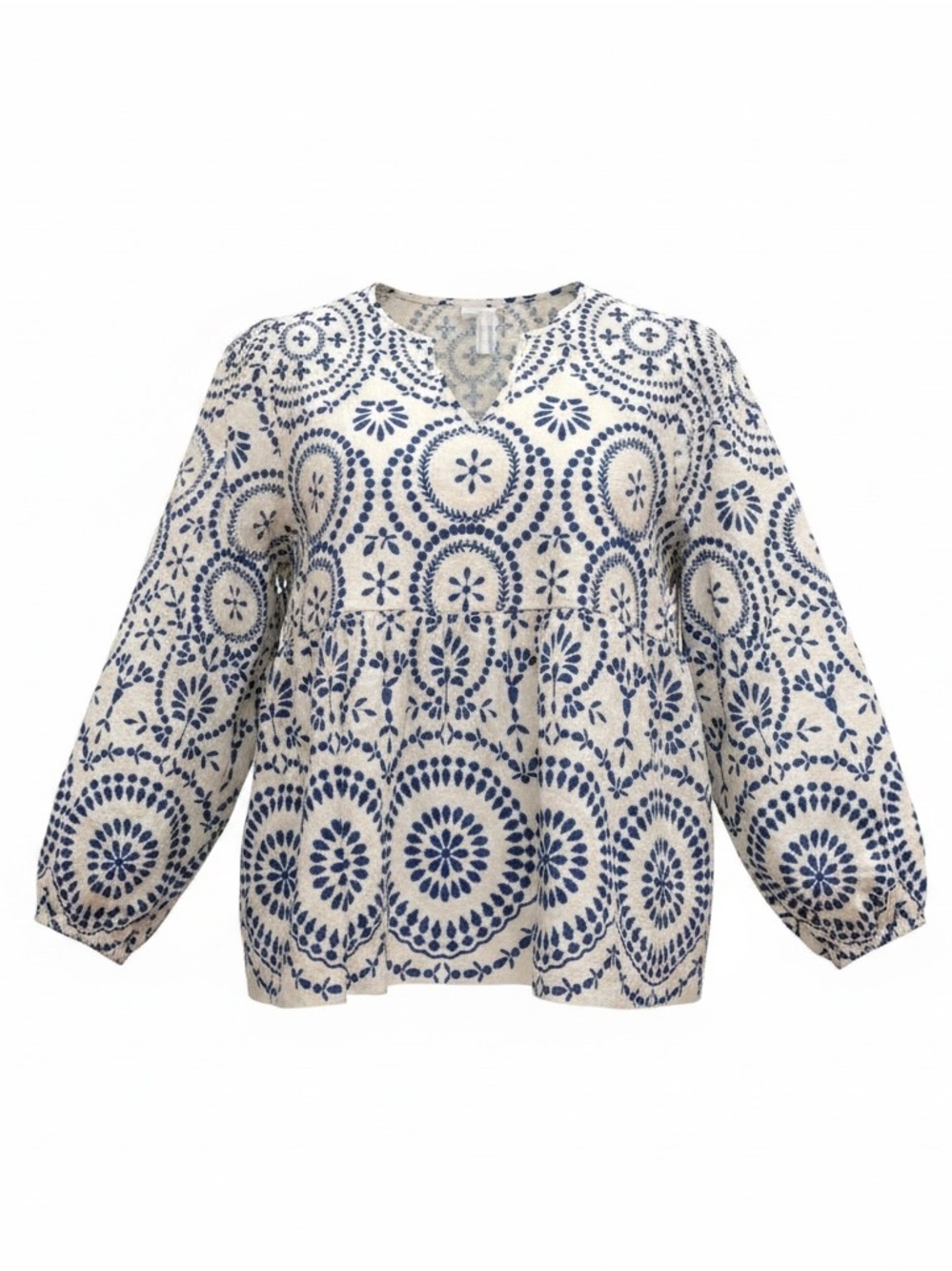 Peasant blouse-Boho Relaxed Cream Tunic with Navy Medallion Print